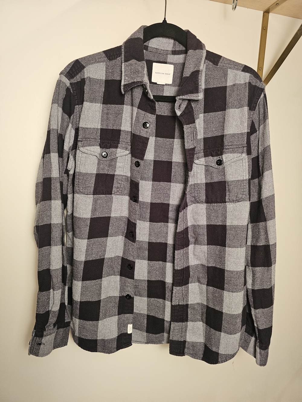 100% Cotton AE Gray & Black Buffalo Plaid Button-Up Shirt